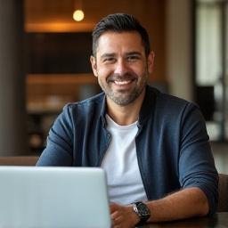 Fernando L., un ejecutivo consultor internacional de unos 40 años, sonríe con confianza mientras usa ropa deportiva, sentado cómodamente en un moderno lobby de hotel con su laptop abierta.