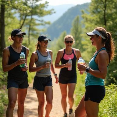 Grupo de personas haciendo una pausa en un sendero, riendo y tomando agua