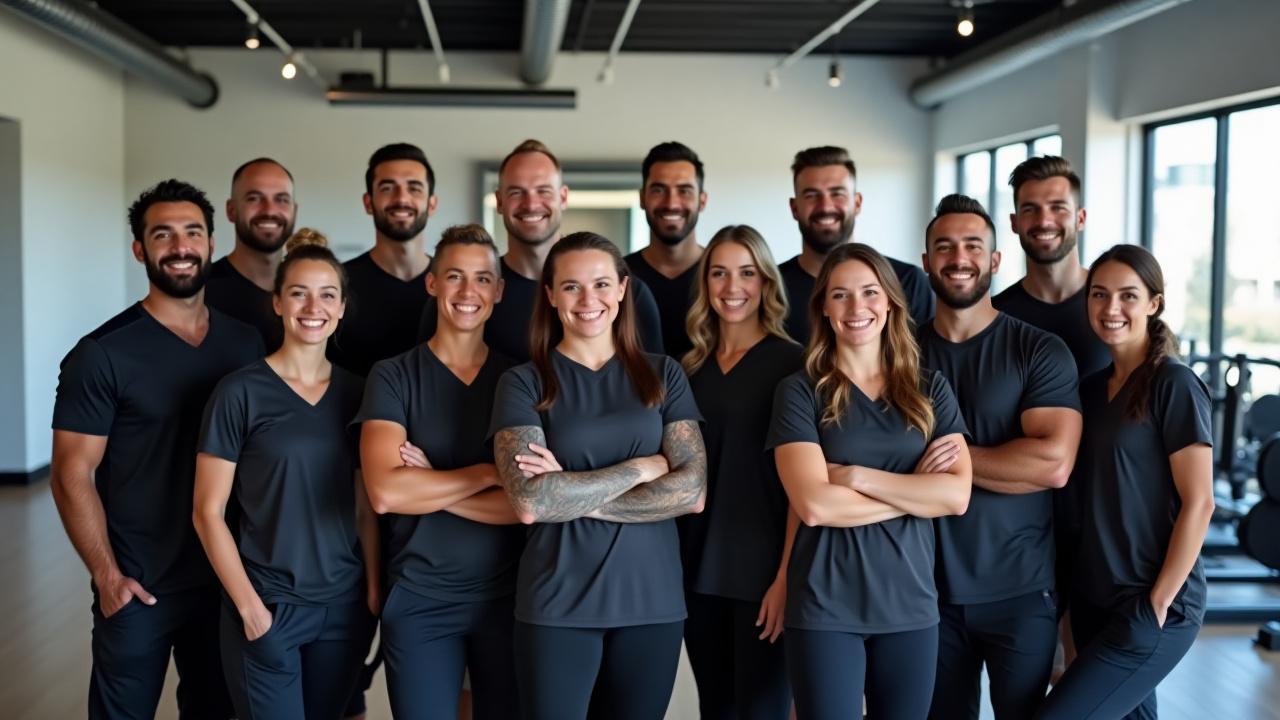 Equipo de entrenadores y fisioterapeutas de Norte Físico sonriendo en las modernas instalaciones del gimnasio